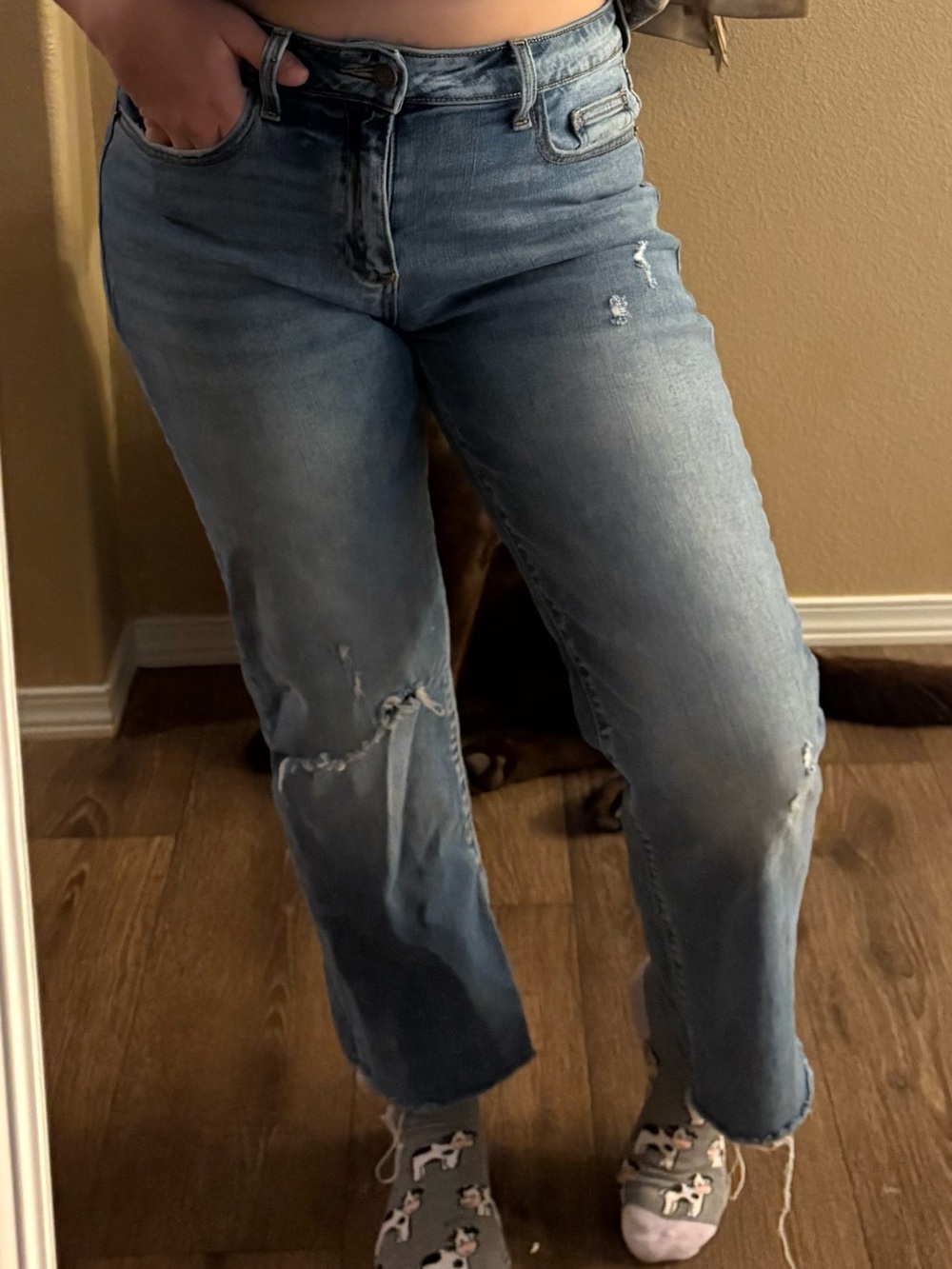 Women's Straight Leg Distressed Jeans in Light Blue